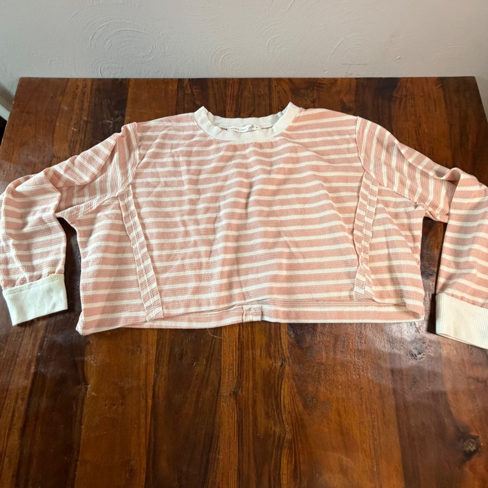 Altard State Pink White Striped Waffle Knit Cropped Thermal Top RE11188ST Medium